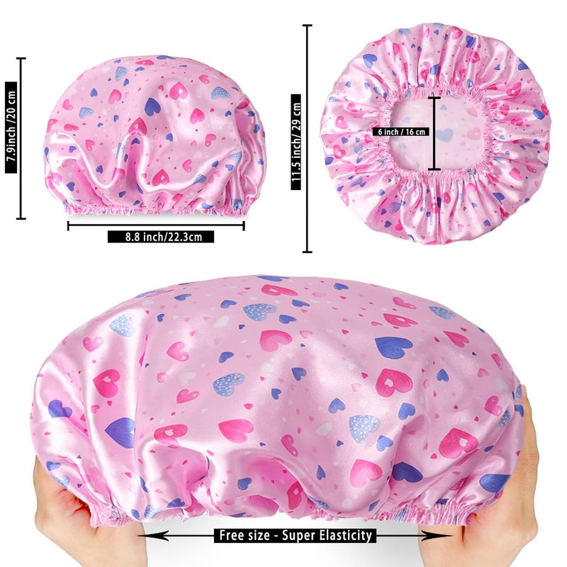 CHFONG 4 PCS Shower Cap for Women, Elastic and Reusable Bath Caps, Double Layers Shower Caps Reusable Waterproof, Bathing Shower Caps, Environmental Bath Hair Protection Cap - Heart - Image 3